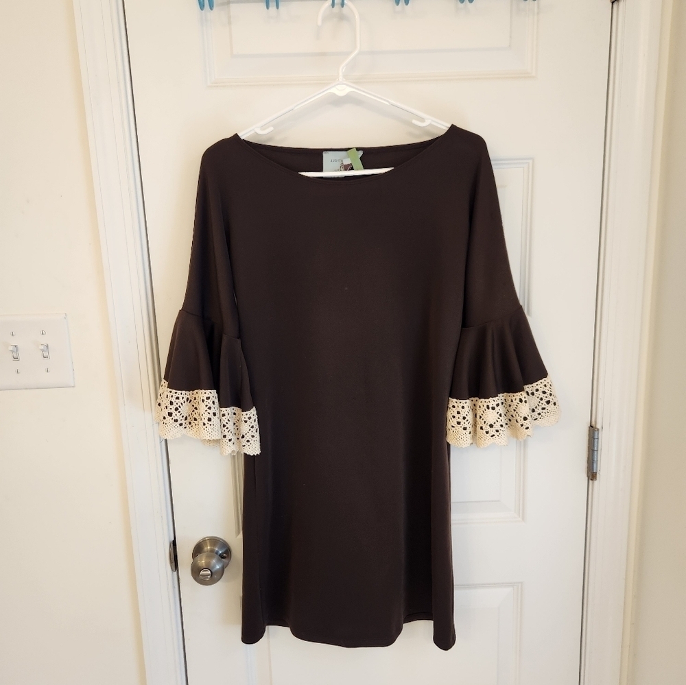 Judith March Brown Beige Midi Dress Long Bell Sleeves Size M #S494